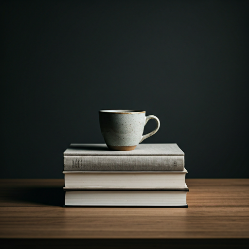 A ceramic coffee cup on vintage books in warm directional light