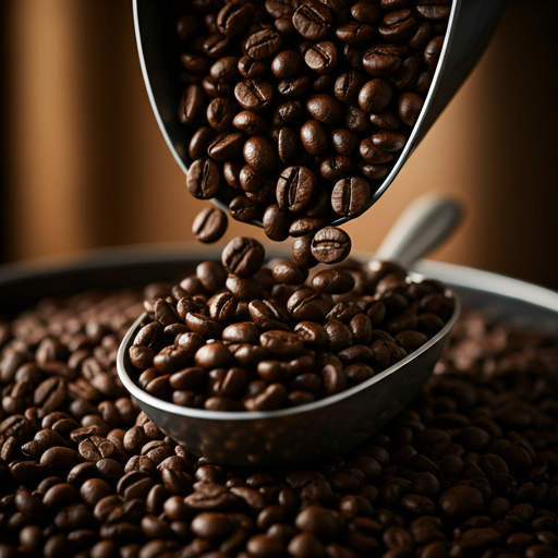 Dark roasted coffee beans poured into a silver scoop