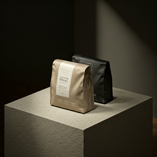 Artisanal coffee packaging on a stone plinth